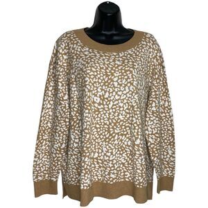 Lands End Sweater Womens XL Petite Animal Print Tan Mob Wife Mature Long Sleeve
